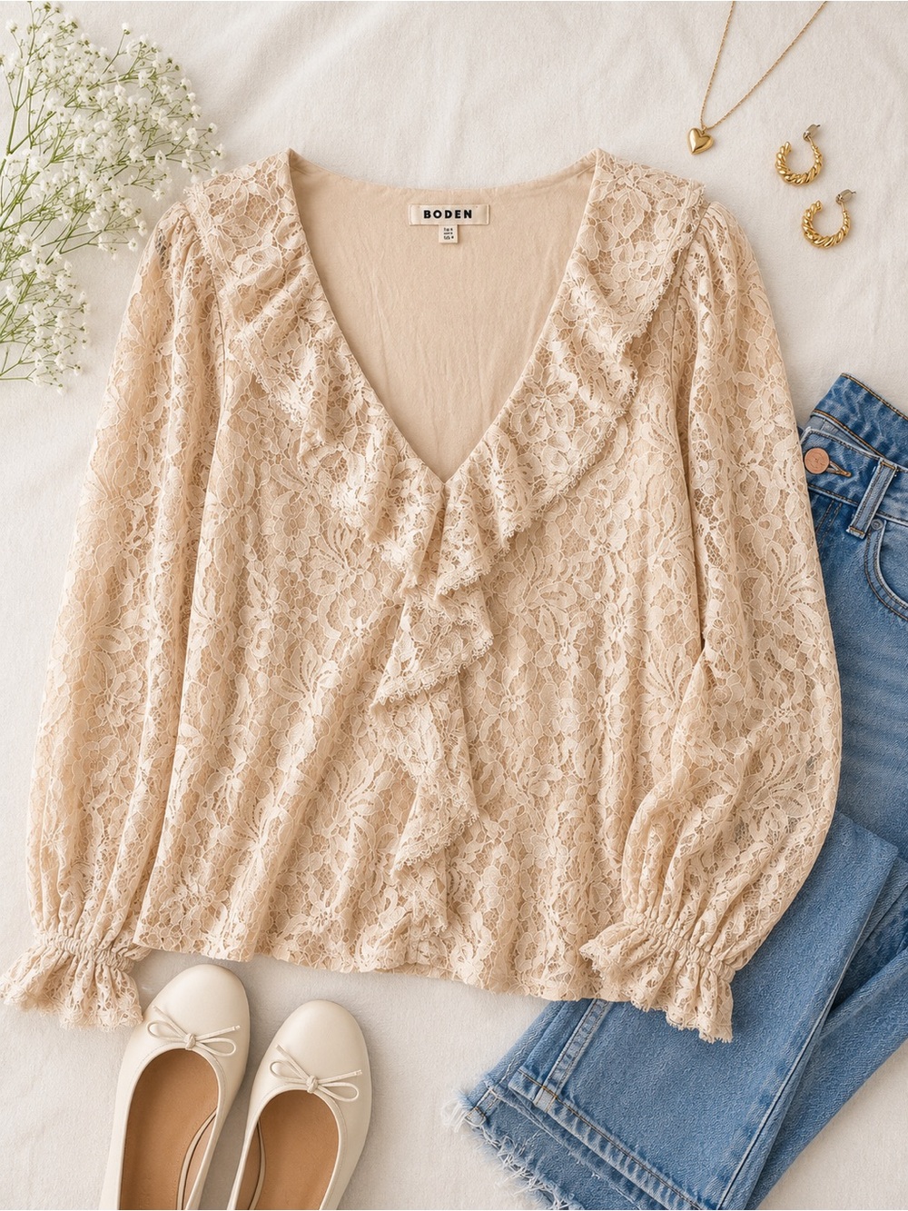 Boden Cream Lace Ruffle V-Neck Blouse